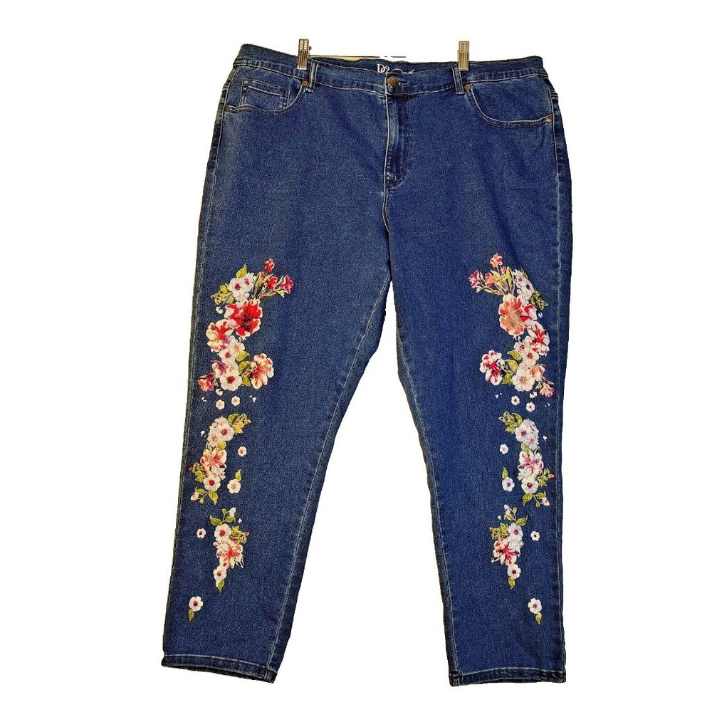 DG2 Diane Gilman Floral embellished jeans 22PW Plus Petite Stretch Blue Denim